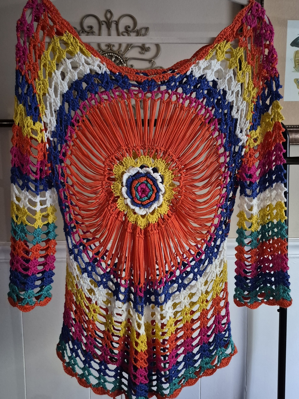 Vibrant Multicolor Crochet Coverup with Sunburst Medallion